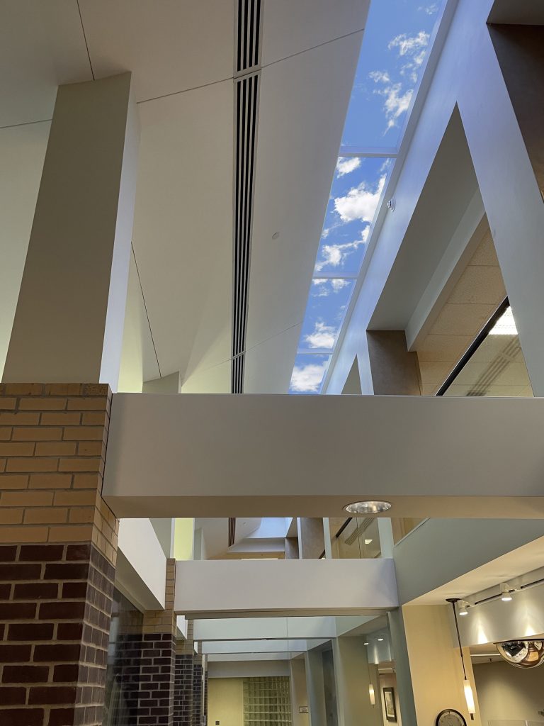 Sky Factory Luminous Virtual SkyCeiling installed in Iowa Lutheran Hospital Lobby as a replacement to a leaky Sky Ceiling