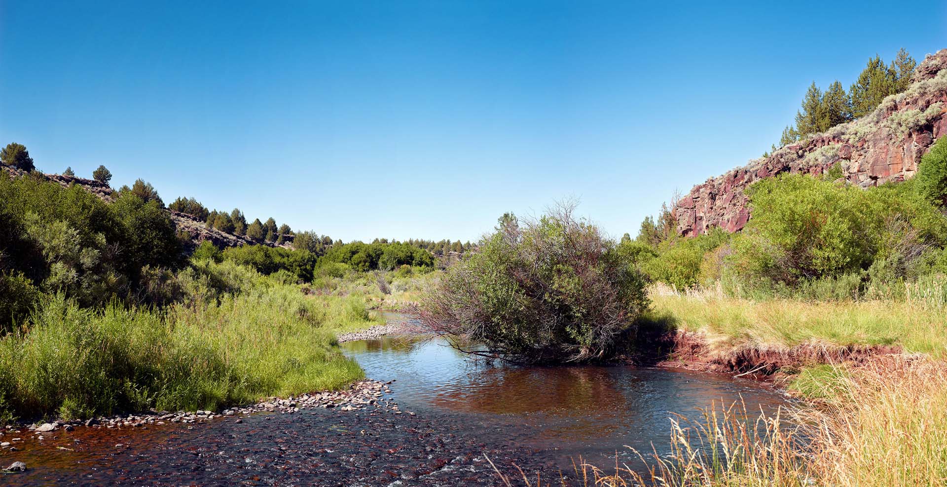 Stream in a grassy area on a blue sky day