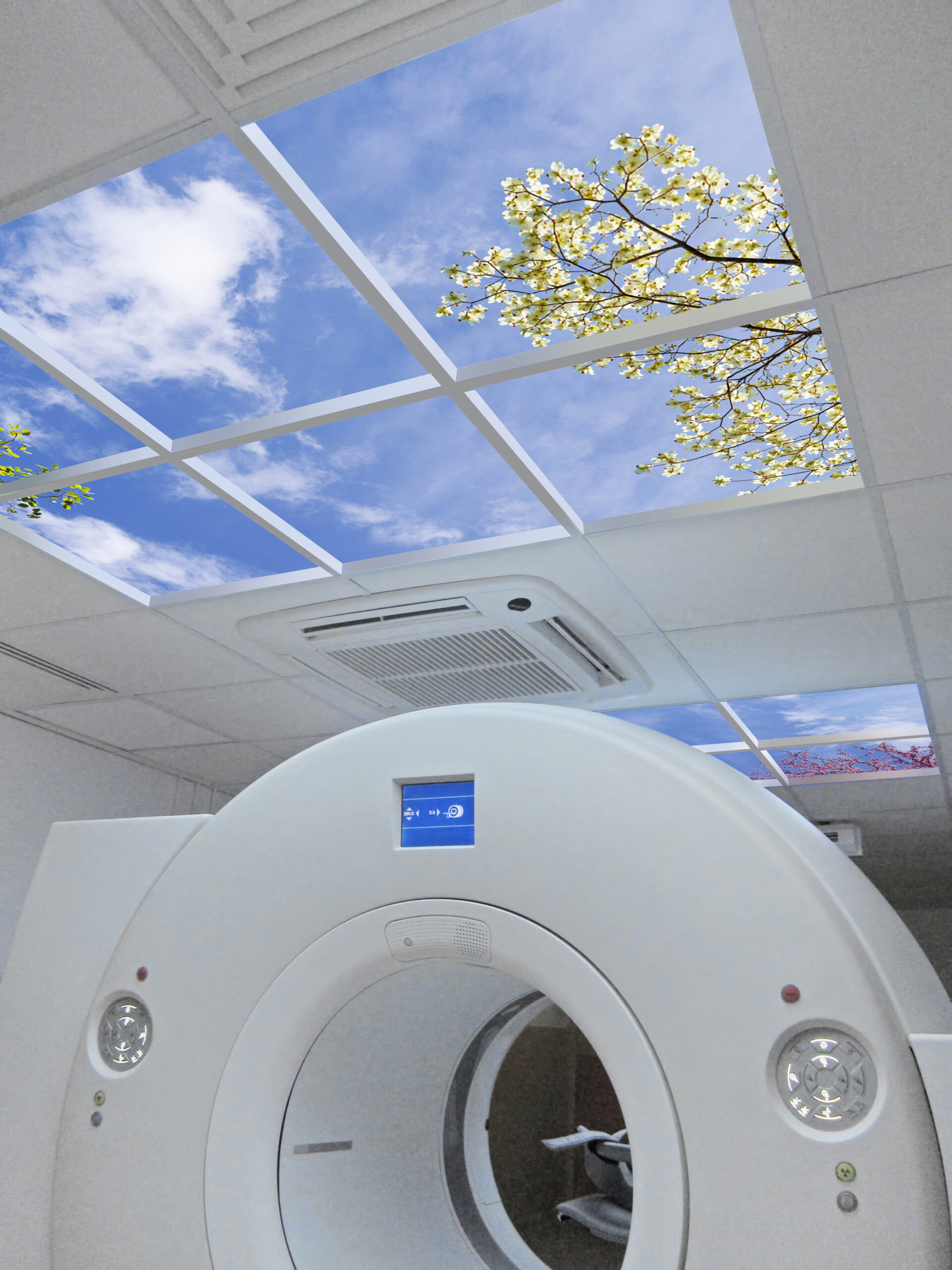 Illusory overhead portal using evidence-based design virtual skylights.