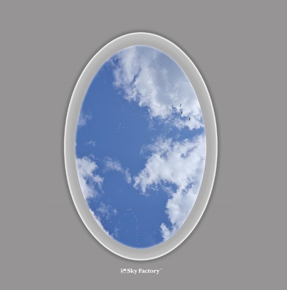 Sky Factory elliptical Aperture Virtual SkyCeiling with snow geese flying under puffy cumulus clouds